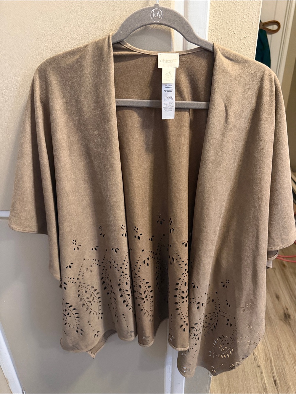 Chico's Taupe Laser-Cut Suede-Look Open Shrug